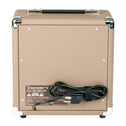 Back view of Portable 15 Watt Acoustic Guitar Amplifier With 6 Inch Speaker, Brown Wheat Finish, power cord visible.