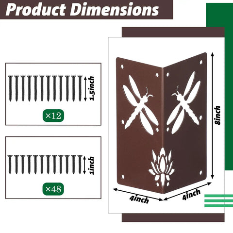 Hella Sturdy 4 Pack 8 Inch Corner Brackets For Raised Garden Bed With Wood Planter Box Featuring Vintage Brown Finish And Decorative Flower Dragonfly Cutouts dimensions and screws