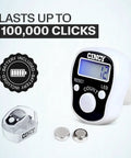 Rock Solid Manual Tally Counter With Bright Led Screen For Night Reads And Instant Reset Slick Ergonomic Grip Ideal For Golf Sweeps Baseball Pitches Lap Tracking And Daily Prayer With Killer Battery Backup White 1 Count showing display and battery.