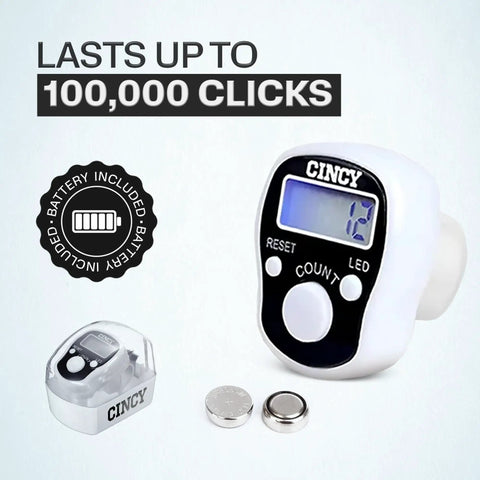 Rock Solid Manual Tally Counter With Bright Led Screen For Night Reads And Instant Reset Slick Ergonomic Grip Ideal For Golf Sweeps Baseball Pitches Lap Tracking And Daily Prayer With Killer Battery Backup White 1 Count showing display and battery.