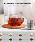 Ultra Fine Mesh Tea Infuser Strainer For Loose Leaf Tea No Fuss 304 Stainless Steel with glass teapot on cork mat