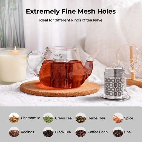 Ultra Fine Mesh Tea Infuser Strainer For Loose Leaf Tea No Fuss 304 Stainless Steel with glass teapot on cork mat