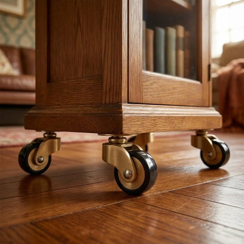 Solid Build Heavy Duty Brass Caster Wheels With Seamless 360 Swivel Ball Bearing Vintage Industrial Stem Pedestal Base Four Pack on furniture