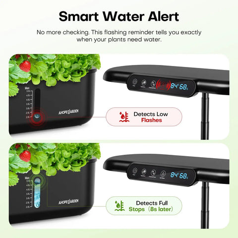Display of smart water alert on Indoor Hydroponics Growing System Kit With 12 Pods For Herbs Vegetables And Lettuce