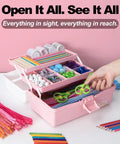 Open pink 12 Inch 3 Layer Plastic Storage Organizer Box with Handy Handle for crafts, showing beads and tools.
