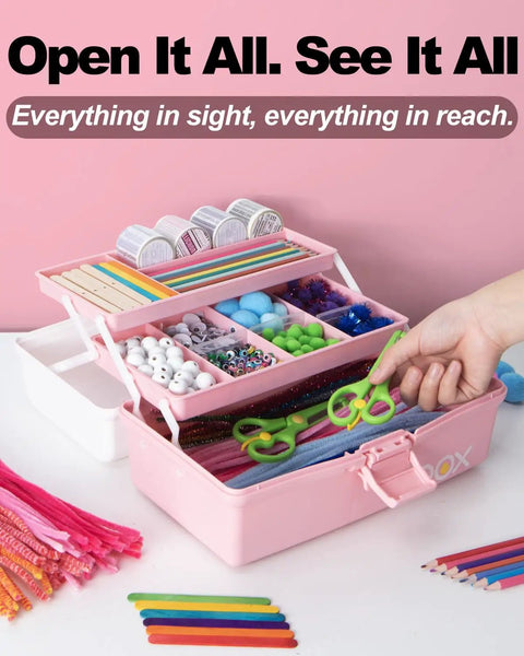 Open pink 12 Inch 3 Layer Plastic Storage Organizer Box with Handy Handle for crafts, showing beads and tools.