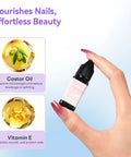 Hand holds bottle from 12 Color Airbrush Gel Nail Polish Set for Nails Art and DIY Mani at Home Hema Free Dilution Free Long Lasting Vibrant Shades