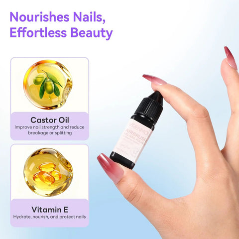Hand holds bottle from 12 Color Airbrush Gel Nail Polish Set for Nails Art and DIY Mani at Home Hema Free Dilution Free Long Lasting Vibrant Shades