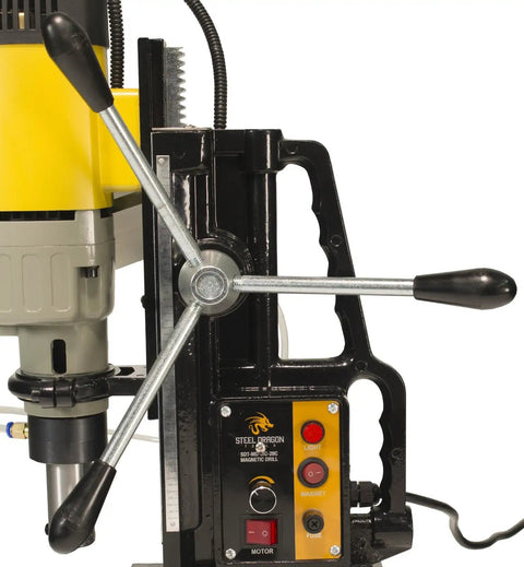 Close-up of Heavy Duty Magnetic Drill control panel with smooth rack and pinion depth control for precise metal fabrication.