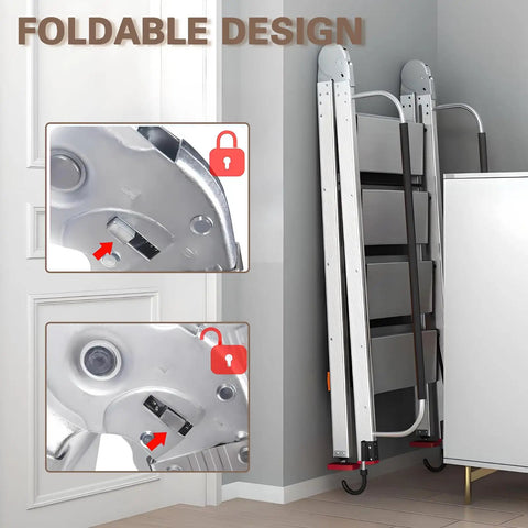 Foldable Aluminum Attic Ladder With 8 Step Design Portable Bunk Bed Access Stair With Handrails Built Tough Anti Slip Metal Climb Step Ladder For Dorm RV Home Supports 330 Lbs Easy Fold And Store folded against wall with handrails