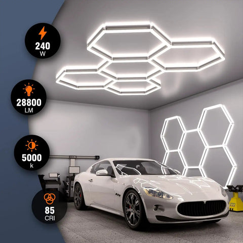 Hexagon LED Garage Light 5-HEX 240W 5000K Daylight installed in garage above car, showing bright, modular honeycomb design
