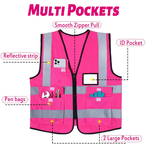Front view of pink high visibility safety vest with reflective strips, multiple pockets, and easy-on zipper, part of 10 pack