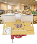 Heavy Duty Router Table Lift Assembly With Precision Micro Dial Insert Plate and Sliding Guide Ruler For Quick Woodworking Milling and Zero Sweat Setup Daily in workshop setting.