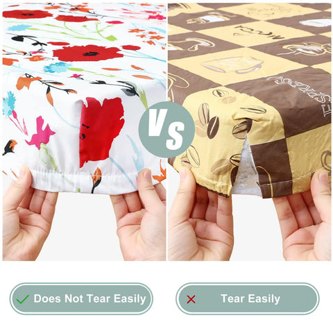Comparison of All-in-One Picnic Table Cover Set With Bench Covers For 6 Foot Tables, Flower Print vs coffee print, showing durability.