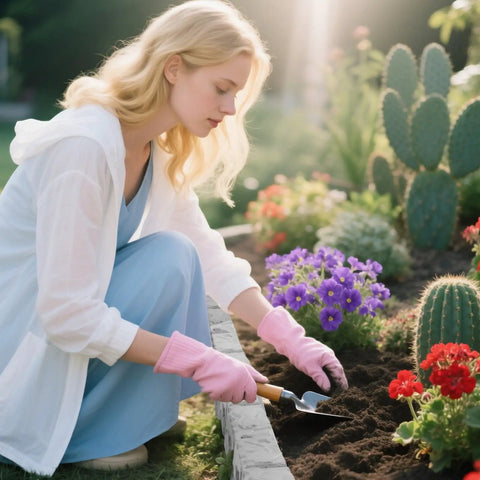 Woman gardening with Heavy Duty Garden Edge Borders 16 Pack No Dig Lawn Edging for Landscaping with Stakes Included