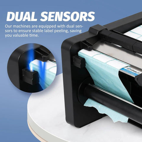 Close-up of Workhorse Portable Label Dispenser With Dual Sensors and Three Speed Modes for Shipping Packages showing sensor mechanism.