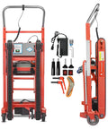 Heavy Duty Electric Stair Climbing Dolly With 900 Lb Load Capacity And 1250W Motor, orange aluminum frame, side view with accessories.