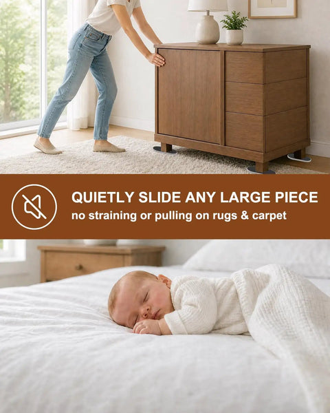 Person using Big Time Heavy Duty Furniture Sliders 16 Piece Set Large Oval Floor Glide Pads for moving dresser without damage.