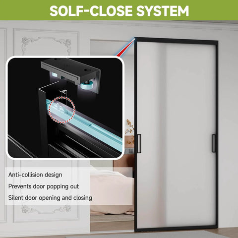 Concealed Sleek Sliding Glass Barn Door Kit With Soft Close Hardware, 40 By 87 Inches, Frosted Tempered Glass, Modern Black Frame