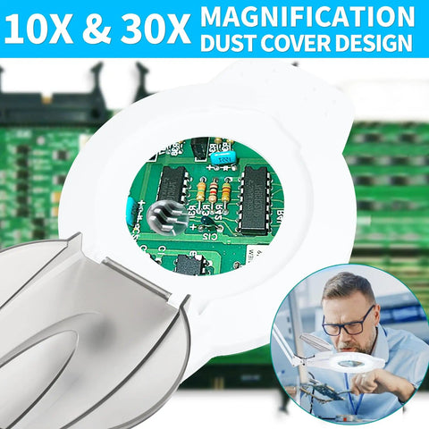 Lit 2200L LED Magnifying Lamp With Stand Real Glass Lens Dimmable Light showing 10x and 30x magnification of circuit board.