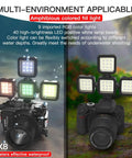 Underwater Video Fill Light With 49 LED Beads, 5000 Lux At 20cm mounted on cameras, showcasing multi-color RGB modes.