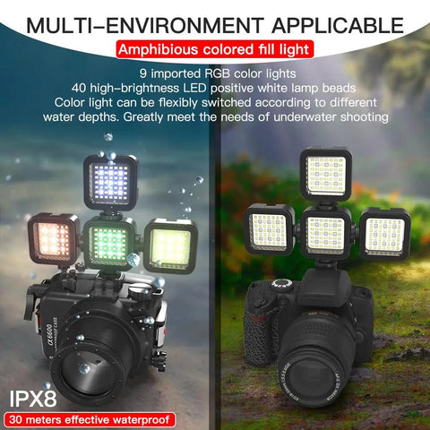 Underwater Video Fill Light With 49 LED Beads, 5000 Lux At 20cm mounted on cameras, showcasing multi-color RGB modes.