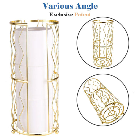 Gold Finish Standing Toilet Paper Holder With Three Roll Reserve, Decorative Metal Organizer shown from multiple angles.