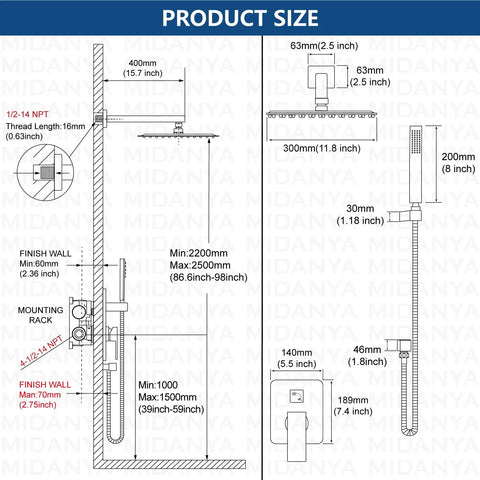 Dimensions and schematic of polished chrome 12 inch square rain shower system with wall mount high pressure rain shower head handheld sprayer and rough in valve with trim included for an easy DIY bathroom upgrade