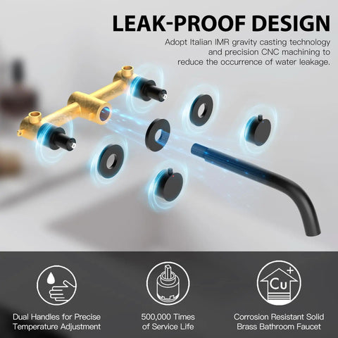 Black Wall Mount Faucet With Dual Handles For Bathroom Sink And Bathtub 3 Hole Wall Mounted Lavatory Mixer Solid Brass Construction With Rough In Valve Durable High Flow Tub Faucet showing leak-proof design with floating components.