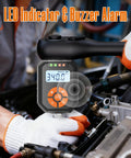Half Inch Digital Torque Wrench Adapter Set With Buzzer And LED Indicator, 17 To 340 Newton Meters, 12.54 To 250.8 Foot Pounds, Electronic Torque Adapter For Automotive Motorcycle And Car Repair, Precision Readouts. 1/2-inch digital torque adapter on engine with LED alarm.