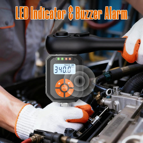 Half Inch Digital Torque Wrench Adapter Set With Buzzer And LED Indicator, 17 To 340 Newton Meters, 12.54 To 250.8 Foot Pounds, Electronic Torque Adapter For Automotive Motorcycle And Car Repair, Precision Readouts. 1/2-inch digital torque adapter on engine with LED alarm.