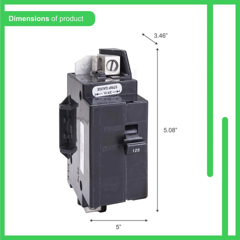 Qwik Open 125 Amp Main Circuit Breaker 2 Pole 120/240V AC 10kA Breaking Capacity Bolt On Mount shown with dimensions