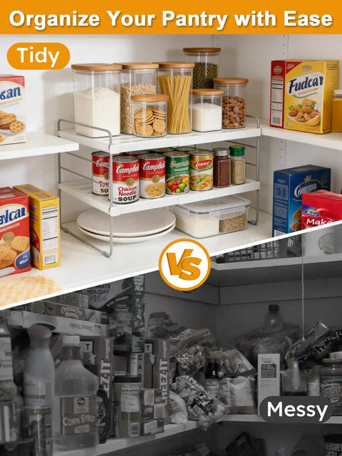 Expandable Foil And Plastic Wrap Organizer, 3-tier height adjustable kitchen cabinet rack in tidy pantry, messy pantry below