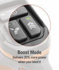 Close-up of boost mode button on Leaf Blaster 350iB Cordless Leaf Blower Kit with 200 MPH 800 CFM Brushless Motor Quiet Operation.
