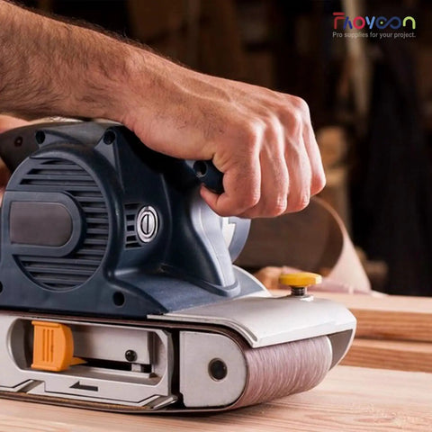 Person using belt sander with 4x36 Sanding Belts For Woodworking Kit, 12 Pcs Belt Sander Paper Set With 2 Each Of 60 80 120 180 240 400 Grits