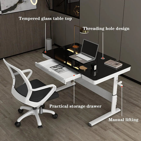 Straight Up Solid Manual Height Adjustable Standing Desk With Smooth Glide Lift Handle And Spacious Storage Drawer Modern Minimalist PC Computer Workspace Built For Home Office Gaming Or Study Prime 1 Meter Wide Setup with tempered glass top and practical storage drawer.