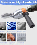Turn Any Drill Into A Metal Cutting Beast With A 360 Degree Pivoting Shear Attachment for cutting metal and acrylic materials.