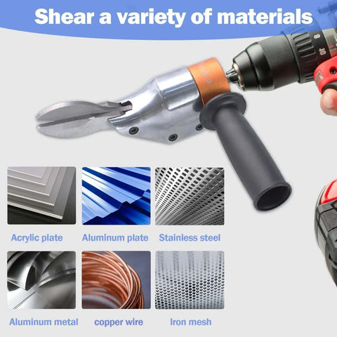 Turn Any Drill Into A Metal Cutting Beast With A 360 Degree Pivoting Shear Attachment for cutting metal and acrylic materials.