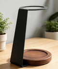 Premium Pour Over Coffee Dripper Stand built with heat proof aluminum and a weighted solid wood base on a kitchen counter.