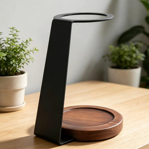Premium Pour Over Coffee Dripper Stand built with heat proof aluminum and a weighted solid wood base on a kitchen counter.