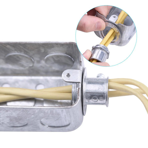 80 Piece Rigid Conduit Reducing Washer Kit For Electrical Boxes With 3/4 To 1/2, 1 To 3/4, And 1 To 1/2 Knockout Reducers, Zinc Plated Steel Assortment For Quick Box Openings And Slick, Flexible Wiring Projects. reducing washer installed in electrical box knockout