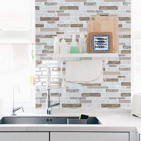 Kitchen backsplash with Peel And Stick Marble Look Tiles 12x12 Inch, self-adhesive, water and heat resistant.