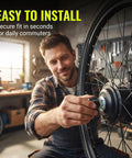 Man installing Heavy Duty Electric Bike Hub Motor Axle Nut Kit M12 Front Lock Nut on e-bike wheel in workshop.