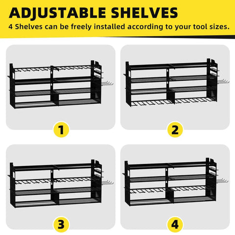 Heavy Duty Wall Mounted Tool Organizer With Eight Cordless Drill Holders, Four Layer Garage Storage Rack, 600 Lb Capacity, Side Panels For Batteries And Tools