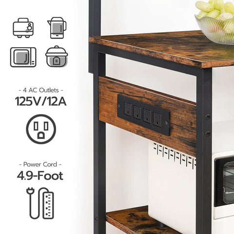Large Bakers Rack With Power Outlets For Kitchen And Office showcasing 4 AC outlets on rustic brown and black wood.