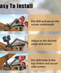Installation steps for Beefy Heavy Duty Roof Riser Brackets Kit Three Piece, showing pre-drill and secure process on wood beams.