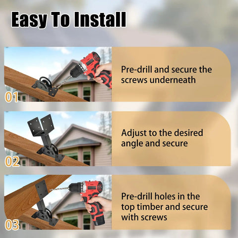 Installation steps for Beefy Heavy Duty Roof Riser Brackets Kit Three Piece, showing pre-drill and secure process on wood beams.
