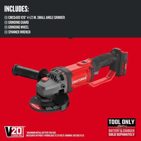 V20 Angle Grinder Four And A Half Inch Compact Tool Only 8500 RPM with tool-free guard and spanner wrench on display