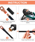 Copper wire lugs and heat shrink tubing kit shown in a four-step installation diagram