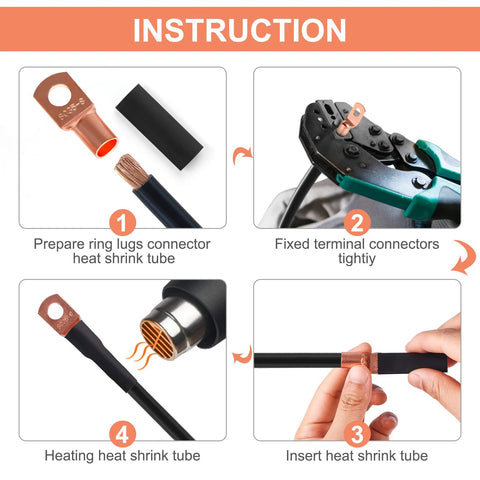 Copper wire lugs and heat shrink tubing kit shown in a four-step installation diagram